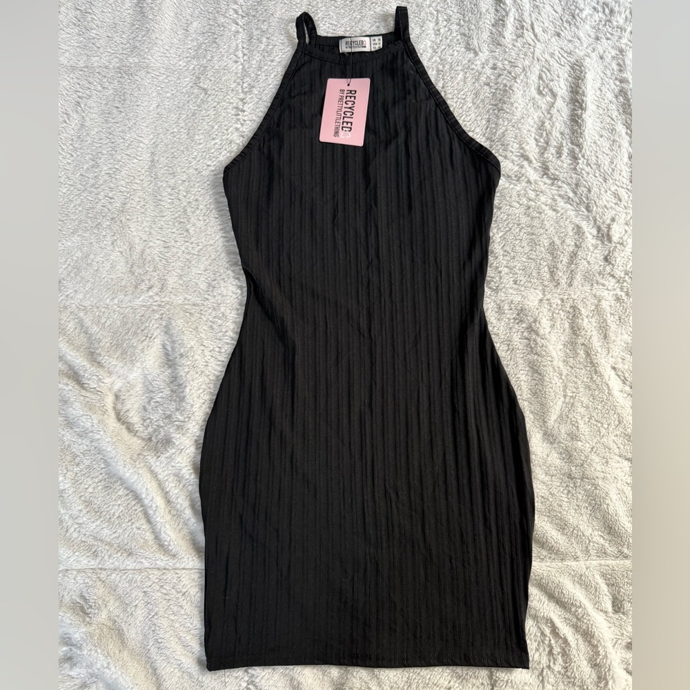PrettyLittleThing Recycled Ribbed Racer Neck Bodycon Black Dress Size 12 NWT